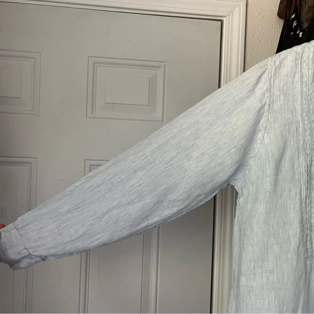 PINE CONE HILL blue striped linen popover long sleeve pleated pintuck mini dress